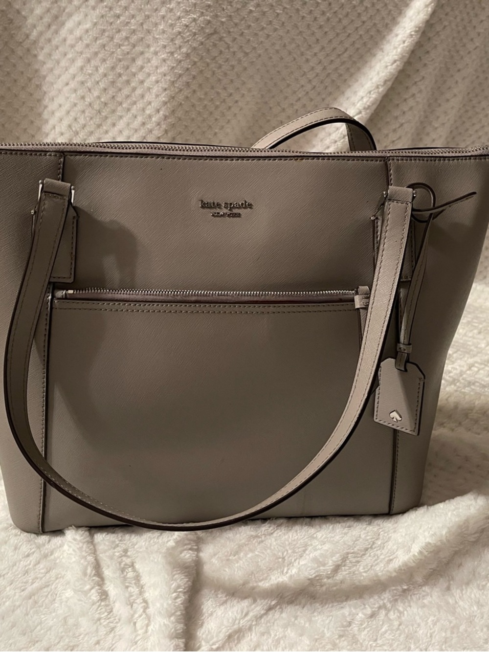 kate spade Cameron Pocket Taupe Saffiano Leather Tote with Front Zip Pocket